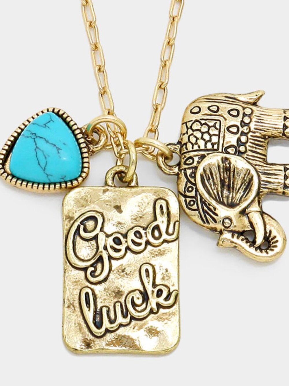 Elephant Necklace Good Luck Turquoise Stone Charms GOLD
